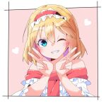  1girl alice_margatroid blonde_hair blue_eyes blush capelet commentary_request dondyuruma double_v frilled_hairband frills grin hairband heart lolita_hairband looking_at_viewer medium_hair one_eye_closed red_hairband smile solo touhou v white_capelet 
