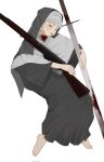  1girl barefoot blood blood_on_clothes corrupted_twitter_file full_body grey_hair gun highres holding holding_gun holding_sword holding_weapon lazhuzelazhuze nun open_mouth original short_hair solo sword veil weapon weapon_request 