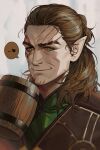  1boy baldur&#039;s_gate baldur&#039;s_gate_3 brown_hair cup dungeons_and_dragons elf gaeag_bg3 halsin heart highres leather looking_at_viewer male_focus mature_male medium_hair mug pointy_ears portrait smile solo spoken_heart thick_eyebrows wrinkled_skin 