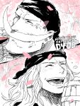  1boy ^_^ bandana cherry_blossoms close-up closed_eyes commentary_request cup dated edward_newgate facial_hair falling_petals happy_birthday holding holding_cup male_focus mono_(caoton) mustache one_piece open_mouth petals smile 