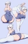  1girl ass ballerina bare_shoulders blue_eyes breasts curvy hips huge_ass jlullaby legs looking_at_viewer medium_breasts rwby silver_hair smile solo spandex split thick_thighs thighhighs thighs weiss_schnee wide_hips 