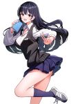  1girl :d black_hair blue_skirt blue_socks blush boku_no_kokoro_no_yabai_yatsu breasts brown_eyes cardigan_vest collared_shirt commentary_request dress_shirt from_side grey_footwear hand_up highres holding long_hair long_sleeves looking_at_viewer looking_to_the_side medium_breasts pleated_skirt puffy_long_sleeves puffy_sleeves ririko_(zhuoyandesailaer) school_uniform shirt shoes simple_background skirt smile socks solo standing standing_on_one_leg teeth upper_teeth_only v very_long_hair white_background white_shirt yamada_anna 