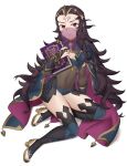  1girl absurdres black_nails blue_panties bodystocking book closed_mouth dark_mage_(fire_emblem_fates) ebinku facial_mark fire_emblem fire_emblem_fates forehead_mark highres holding holding_book messy_hair mouth_veil nail_polish nyx_(fire_emblem) panties red_eyes solo tiara toenail_polish toenails two-tone_legwear underwear veil 