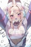  1girl absurdres animal_ear_fluff animal_ears arms_up artist_name black_bra blonde_hair blush bra breasts collar colored_tongue dog_ears dog_girl fangs german_commentary hair_intakes highres indie_virtual_youtuber looking_at_viewer pink_collar purple_eyes purple_tongue see-through shaoviie short_twintails solo sparkle thick_eyebrows tongue tongue_out twintails underwear upper_body virtual_youtuber white_background 
