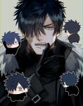  1boy black_gloves burn_scar chibi chibi_inset coat domo_(domo_kizusuki) fur-trimmed_coat fur_trim gloves grey_background grey_eyes hair_over_one_eye highres kokuryu_kai_(domo) looking_at_viewer male_focus multiple_views open_mouth original scar scar_across_eye scar_on_face sharp_teeth simple_background spiked_hair teeth toned toned_male upper_body 