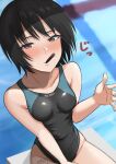  1girl amagami black_hair black_one-piece_swimsuit bob_cut breasts brown_eyes competition_swimsuit covered_navel cowboy_shot food mori_heichi mouth_hold nanasaki_ai one-piece_swimsuit pocky short_hair small_breasts solo swimsuit two-tone_swimsuit water 