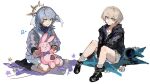  2boys aged_down aventurine_(honkai:_star_rail) black_footwear black_jacket blonde_hair chain closed_mouth dichlorvos121 grey_hair hair_between_eyes head_wings highres honkai:_star_rail honkai_(series) jacket multiple_boys on_ground short_hair shorts simple_background sitting stuffed_toy sunday_(honkai:_star_rail) white_background wings yellow_eyes 