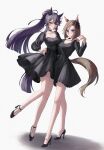  2girls absurdres air_groove_(umamusume) alternate_costume arm_around_waist bandaid bandaid_on_face bandaid_on_nose black_dress black_footwear black_hair breasts closed_mouth commentary_request dress ear_ornament full_body hair_between_eyes high_heels highres long_hair long_sleeves looking_at_viewer manunnu medium_breasts multiple_girls narita_brian_(umamusume) ponytail purple_eyes short_hair simple_background standing umamusume white_background yellow_eyes 