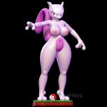 3_fingers 3d_(artwork) angry anthro black_background breasts digital_media_(artwork) female fingers generation_1_pokemon genitals grass hi_res legendary_pokemon mewtwo nintendo nipples nonotoys pinup plant pokeball pokemon pokemon_(species) pose purple_body purple_tail pussy raised_tail simple_background solo tail tiptoes white_body