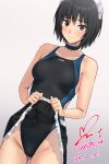  1girl amagami bare_shoulders black_hair blush breasts choker clothes_lift collarbone competition_swimsuit dated frilled_choker frilled_skirt frills highleg highres lifted_by_self maid_headdress medium_breasts nanasaki_ai one-piece_swimsuit short_hair signature skirt skirt_lift solo standing swimsuit swimsuit_under_clothes yoo_tenchi 