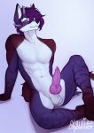 anthro atsuii canid canine canis erection fox fur genitals hair hi_res horn hybrid looking_at_viewer male mammal nude penis purple_body purple_fur solo wolf