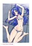  1girl absurdres bikini blue_hair breasts cleavage fujikawa_daichi highres kazanari_tsubasa long_hair looking_at_viewer lying navel on_back on_floor senki_zesshou_symphogear side_ponytail sideboob small_breasts swimsuit thighs underboob 