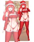  1girl blue_eyes breasts christmas_tree cleavage cleavage_cutout clothing_cutout cowlick cropped_sweater full_body fur-trimmed_thighhighs fur_trim go-toubun_no_hanayome hair_ornament hat highres imrinzlergtz_art looking_at_viewer medium_breasts meme_attire nakano_itsuki navel panties red_hair red_headwear red_panties red_sweater red_thighhighs santa_hat solo spanish_commentary star_(symbol) star_hair_ornament sweater thighhighs underwear v virgin_destroyer_sweater 