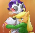  anthro anthrofied applejack_(mlp) blonde_hair blush bovine breast_milking breasts cattle clothing duo equine eyes_closed female freckles friendship_is_magic fur green_eyes hair horse lactating lesbian long_hair mammal milk my_little_pony nipples open_mouth orange_fur pony purple_hair rarity_(mlp) sweat yajima 