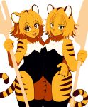  2girls black_leotard black_thighhighs breasts cleavage copyright_request flat_color fork furry furry_female highres holding holding_fork holding_knife knife leotard looking_at_viewer medium_breasts medium_hair multiple_girls open_mouth orange_eyes orange_hair oversized_object pixelatedcrown simple_background smile tail thighhighs tiger_girl tiger_tail white_background 