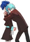  1girl aqua_hair blue_hair blush couple embarrassed hands_clasped hetero hug own_hands_together persona persona_3 school_uniform short_hair sutei_(giru) yamagishi_fuuka yuuki_makoto 