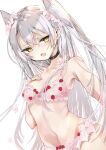  1girl alternate_costume amatsukaze_(kancolle) black_choker blush bra breasts cherry_print chigasaki_yukari choker fang flower food_print hair_between_eyes hair_flower hair_ornament hand_on_own_chest highres kantai_collection lingerie lips long_hair looking_at_viewer open_mouth panties pink_bra pink_flower pink_panties revision simple_background small_breasts solo two_side_up underwear underwear_only white_background white_hair yellow_eyes 