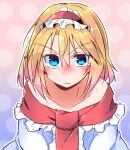  1girl alice_margatroid blonde_hair blue_eyes blush capelet closed_mouth commentary_request dondyuruma frilled_hairband frills hairband highres lolita_hairband long_hair looking_at_viewer red_hairband solo tears touhou white_capelet 
