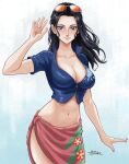  1girl arm_up black_hair blue_eyes blue_jacket breasts cleavage cowboy_shot cropped_jacket english_commentary eyewear_on_head highres jacket jedbanner light_smile long_hair looking_at_viewer nico_robin one_piece pink_nails pink_sarong sarong short_sleeves sidelocks signature solo zipper 