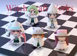  animal_ears cape checkered checkered_floor chessboard chibi eyepatch glasses green_hair hat hood katana katsura_kotetsu kazari_rin kuraishi_tanpopo menowa_mei multiple_girls scythe siraha sword utsugi_kanna weapon witch_craft_works witch_hat 