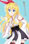  anger_vein bad_anatomy blonde_hair blue_eyes cosplay detached_sleeves highres japanese_clothes kantai_collection kirisaki_chitoge kongou_(kantai_collection) kongou_(kantai_collection)_(cosplay) long_hair nikitan_(niki) nisekoi nontraditional_miko ribbon-trimmed_sleeves ribbon_trim seiyuu_connection solo thighhighs touyama_nao translated 