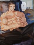  1boy abs bara black_hair blue_eyes domo_(domo_kizusuki) drooling feet_out_of_frame hand_on_own_stomach highres indoors kokado_shido_(domo) large_pectorals light_rays lying male_focus mouth_drool muscular muscular_male navel nipples notice_lines on_back on_bed one_eye_closed original pectorals saliva short_hair shredded_muscles sideburns solo speech_bubble spread_legs thick_eyebrows topless_male veins veiny_arms 