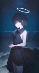  absurdres beach black_dress black_eyes black_hair blue_sky bob_cut breasts character_request cross cross_necklace domi_(hongsung0819) dress expressionless hair_between_eyes halo highres interlocked_fingers jewelry necklace night night_sky ocean original outdoors pleated_dress red_pupils sand short_hair sidelocks sky sleeveless sleeveless_dress small_breasts water 