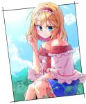  1girl alice_margatroid blonde_hair blue_dress blue_eyes blue_sky capelet closed_mouth cloud day dondyuruma dress frilled_hairband frills hairband hand_in_own_hair lolita_hairband looking_at_viewer medium_hair off_shoulder red_hairband sitting sky smile solo touhou white_capelet 