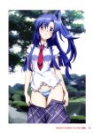  1girl absurdres ass_visible_through_thighs bikini bikini_under_clothes blue_eyes blue_hair breasts fujikawa_daichi highres kazanari_tsubasa long_hair looking_at_viewer necktie red_necktie senki_zesshou_symphogear shirt side_ponytail skirt striped_bikini striped_clothes swimsuit thighs undressing 