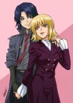  1boy 1girl absurdres athrun_zala blonde_hair blue_hair cagalli_yula_athha couple green_eyes grey_jacket gundam gundam_seed gundam_seed_freedom hand_on_another&#039;s_hand hand_on_another&#039;s_shoulder highres holding_hands jacket looking_at_another pant_suit pants red_tie short_hair smile suit tokuoka_kouhei yellow_eyes 