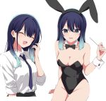  1girl ^_^ animal_ear_hairband animal_ears bare_shoulders black_bow black_bowtie black_hairband black_leotard blue_eyes blue_hair blue_necktie blush bow bowtie breasts cleavage closed_eyes collarbone collared_shirt commentary_request cowboy_shot cropped_torso detached_collar dress_shirt fake_animal_ears gradient_hair hair_between_eyes hairband highres invisible_chair kurokawa_akane kusana_(kusana47454281) leotard long_hair medium_breasts medium_hair multicolored_hair multiple_views necktie open_mouth oshi_no_ko rabbit_ears shirt simple_background sitting smile strapless strapless_leotard upper_body white_background white_shirt white_wrist_cuffs wrist_cuffs 