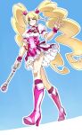  0ekqk1 1girl blonde_hair blue_background boots cure_peach dress earrings fresh_precure! from_below hair_ornament hand_up heart heart_earrings heart_hair_ornament high_heel_boots high_heels highres holding holding_wand jewelry long_hair momozono_love one_eye_closed peach_rod pink_dress pink_eyes pink_footwear precure puffy_sleeves solo twintails walking wand waves wrist_cuffs 