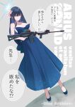  1girl absurdres bare_shoulders black_hair blue_archive blue_dress blue_eyes breasts cleavage dress full_body gun halo highres kojima_takeshi large_breasts long_hair looking_at_viewer saori_(blue_archive) speech_bubble translation_request weapon 