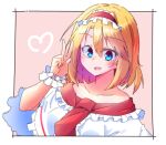  1girl alice_margatroid blonde_hair blue_eyes blush capelet dondyuruma frilled_hairband frills hairband lolita_hairband looking_at_viewer open_mouth pink_background red_hairband smile solo touhou v white_capelet wrist_cuffs 