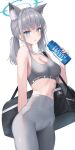  1girl absurdres alter_(kxk7357) animal_ear_fluff animal_ears blue_archive blue_eyes blush bottle breasts cleavage cross_hair_ornament extra_ears grey_hair grey_pants grey_sports_bra hair_between_eyes hair_ornament highres holding holding_bottle medium_breasts medium_hair mismatched_pupils open_mouth pants pocari_sweat shiroko_(blue_archive) simple_background solo sports_bra white_background wolf_ears 