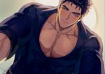  1boy bara black_hair blue_eyes bursting_pectorals domo_(domo_kizusuki) from_below half-closed_eyes kokado_shido_(domo) large_pectorals looking_at_viewer male_focus muscular muscular_male original pectoral_cleavage pectorals pov shirt short_hair sideburns solo sweatdrop thick_eyebrows tight_clothes tight_shirt upper_body 