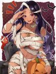  1girl absurdres bat_(animal) black_hair breasts collarbone dark-skinned_female dark_skin earrings food gold_necklace halloween heart heart_in_eye highres holding holding_food holding_pumpkin holding_vegetable jack-o&#039;-lantern jewelry kano3 large_breasts long_hair mole mole_under_eye mummy_costume navel necklace nijisanji nijisanji_en open_mouth pink_eyes pumpkin scarle_yonaguni solo symbol_in_eye teeth tombstone upper_teeth_only vegetable virtual_youtuber 