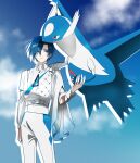  1boy alternate_costume belt blue_eyes blue_hair blue_sky claws cloud cloudy_sky commentary_request crossover day drop_shadow floating flower hand_up head_on_head head_rest high_collar highres kaito_(vocaloid) kei10_gohan latios layered_sleeves light_smile long_sleeves male_focus outdoors pants pokemon pokemon_(creature) red_eyes shirt short_hair sky standing triangle upper_body vocaloid white_belt white_flower white_pants white_shirt 