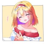  1girl alice_margatroid bare_shoulders blonde_hair blush capelet closed_eyes dondyuruma facing_viewer frilled_hairband frills hairband lolita_hairband medium_hair off_shoulder open_mouth red_hairband smile solo steepled_fingers touhou white_capelet 