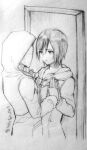  1girl black_coat_(kingdom_hearts) closed_mouth full-length_mirror greyscale hood hood_down hood_up kingdom_hearts kingdom_hearts_358/2_days looking_at_mirror mirror monochrome murata_tefu organization_xiii reflection short_hair solo xion_(kingdom_hearts) 