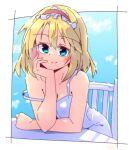  1girl alice_margatroid alternate_costume blonde_hair blue_eyes blush breasts cleavage closed_mouth dondyuruma dress frilled_hairband frills hairband hand_on_own_chin lolita_hairband looking_at_viewer medium_hair on_chair red_hairband sitting smile solo strap_slip touhou white_dress 
