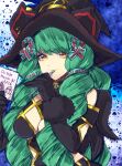  1girl argyle argyle_cutout black_gloves breasts closed_mouth clothing_cutout drill_hair elbow_gloves fiore_brunelli gloves green_hair hair_ornament hat large_breasts long_hair looking_at_viewer makeup murata_tefu revealing_clothes smile solo star_ocean star_ocean_integrity_and_faithlessness twin_drills witch_hat yellow_eyes 