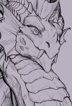ambiguous_gender fangs feral frill_(anatomy) frill_piercing frill_ring furgonomics furry-specific_piercing head_crest head_frill hi_res horn khyaber looking_at_viewer monochrome mouth_closed piercing ridged_horn scales simple_background sketch solo teeth