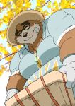 anthro bandage_on_face bear belly brown_body brown_fur clothing eyewear farmer fur glasses gloves handwear hat headgear headwear hi_res kusarikakemono lifewonders male mammal musclegut muscular pecs smile solo straw_hat tokyo_afterschool_summoners volos