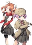  2girls back-to-back bike_shorts black_gloves blue_eyes brown_capelet brown_coat brown_hair brown_headwear cabbie_hat cane capelet coat commentary_request cowboy_shot deerstalker feet_out_of_frame fingerless_gloves gloves grey_skirt grey_vest hat kagerou_(kancolle) kagerou_kai_ni_(kancolle) kakizaki_(chou_neji) kantai_collection kunai long_hair multiple_girls ninja pink_hair purple_eyes red_scarf ribbon scarf shiranui_(kancolle) short_hair shorts shorts_under_skirt simple_background skirt trench_coat twintails upper_body vest weapon white_background white_gloves white_ribbon 