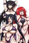  3girls ahoge bikini black_hair blue_eyes blush breasts chain chained cleavage covered_nipples cuffs gloves hair_between_eyes high_school_dxd highres huge_ahoge large_breasts long_hair looking_at_viewer multiple_girls navel open_mouth pink_eyes purple_eyes raynare red_hair rias_gremory serafall_leviathan smile swimsuit thighhighs tongue tongue_out torn_bikini torn_clothes twintails very_long_hair yxyyxy 