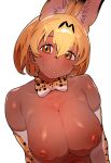  1girl abarada animal_ears bare_shoulders blonde_hair bow bowtie breasts cat_ears cat_girl elbow_gloves extra_ears gloves highres huge_breasts kemono_friends large_breasts looking_at_viewer navel nipples nude serval_(kemono_friends) serval_print short_hair simple_background solo yellow_eyes 