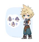  1boy ? belt blonde_hair blue_background blue_eyes blue_gloves blue_pants blue_vest boots character_name chest_strap chibi cloud_strife cloud_strife_(zidane&#039;s_outfit) commentary copyright_name crop_top cropped_vest earrings final_fantasy final_fantasy_vii final_fantasy_vii_ever_crisis full_body furrowed_brow gloves grey_footwear hand_to_own_mouth hands_up high_collar jewelry leather_belt male_focus maoli45222137 multiple_belts official_alternate_costume outline pants puffy_pants shirt short_hair shoulder_belt simple_background sleeveless sleeveless_turtleneck solo spiked_hair standing stud_earrings symbol-only_commentary thought_bubble turtleneck vest white_outline white_shirt 