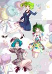  :d :o abstract_background absurdres ahoge alternate_costume alternate_hair_color balloon blue_dress detective dress ga.n gradient_eyes green_hair hand_on_hip hand_on_own_head hand_up hands_up high_heels highres macross macross_frontier multicolored multicolored_eyes multiple_persona open_mouth plaid pleated_dress ranka_lee red_eyes smile 