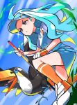  1girl ahoge bird blue_eyes blue_hair blue_headwear blue_skirt breasts collared_shirt flipped_hair golf_club highres holding holding_golf_club kahili_(pokemon) knee_up light_blue_hair long_hair mole mole_under_eye on_one_knee ora_(oraora_oekaki) pencil_skirt pokemon pokemon_(creature) pokemon_sm shirt short_sleeves skirt striped_clothes striped_shirt toucan toucannon visor_cap 